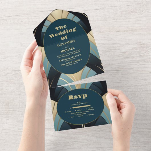 洗練された青と金ゴールドのアールデコ結婚 オールインワン招待状 (貼ってはがせる)