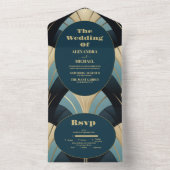 洗練された青と金ゴールドのアールデコ結婚 オールインワン招待状 (内側)