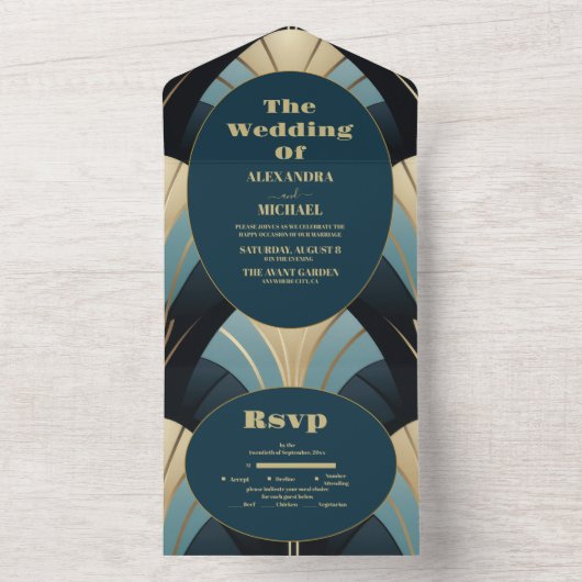 洗練された青と金ゴールドのアールデコ結婚 オールインワン招待状 (内側)