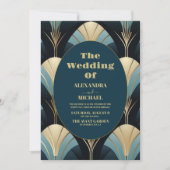 洗練された青と金ゴールドのアールデコ結婚 招待状 (正面)