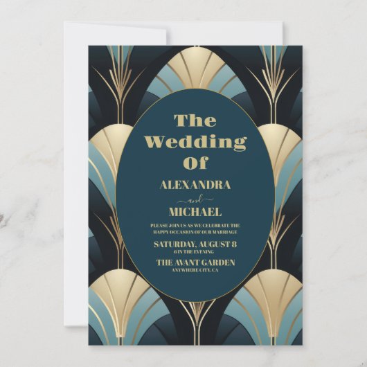 洗練された青と金ゴールドのアールデコ結婚 招待状 (正面)