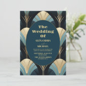 洗練された青と金ゴールドのアールデコ結婚 招待状 (スタンド正面)