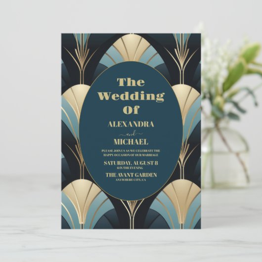洗練された青と金ゴールドのアールデコ結婚 招待状 (スタンド正面)
