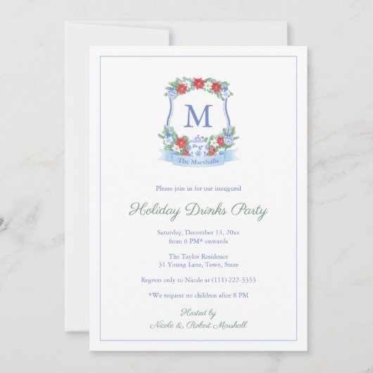 洗練された青の赤いクリスマスクレストクリスマスパーティー 招待状 (正面)