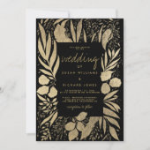 洗練された黒い金ゴールドの葉のフローラ 招待状 (正面)