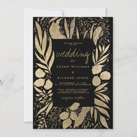 洗練された黒い金ゴールドの葉のフローラ 招待状 (正面)