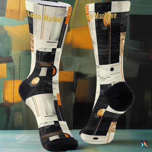 洗練された黒とオレンジの幾何学的抽象芸術 ソックス