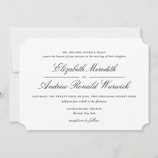 洗練された黒と白のレーススクリプト 招待状 (正面)