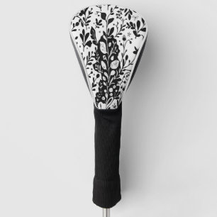 洗練された黒と白の装飾的フラワーパターン ゴルフヘッドカバー