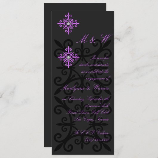 洗練された黒と紫の婚約パーティ 招待状 (正面/裏面)