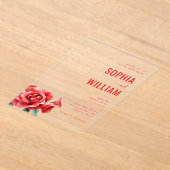 洗練された黒と赤の花柄 アクリル招待状 (レイダウン)