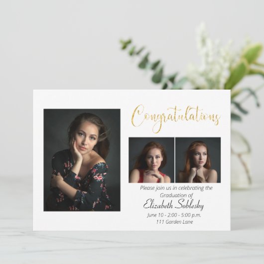 洗練された黒と金ゴールドの写真の卒業 招待状 (スタンド正面)
