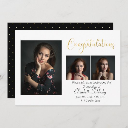 洗練された黒と金ゴールドの写真の卒業 招待状 (正面/裏面)