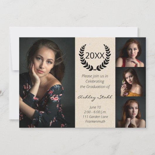 洗練された黒と金ゴールドの写真卒業パーツ 招待状 (正面)