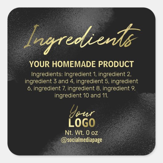 洗練された黒と金ゴールドの成分ラベル スクエアシール (正面)