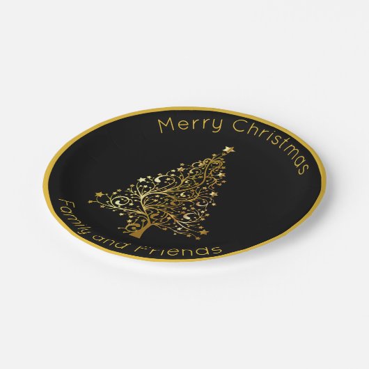 洗練された黒と金ゴールドクリスマスツリー ペーパープレート (アングル)