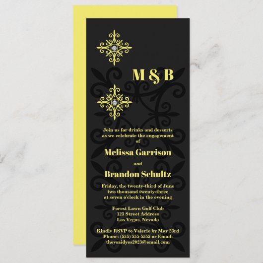 洗練された黒と黄色の婚約パーティ 招待状 (正面/裏面)