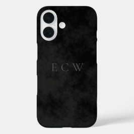 洗練された黒地のトリプルモノグラムスタンプ調デザイン iPhone 16ケース