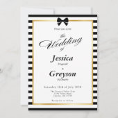 洗練された黒白ストライプゴールドフレーム結婚式 招待状 (正面)
