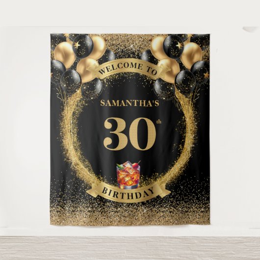 洗練された30th誕生日ブラック金ゴールドバナー タペストリー (正面)