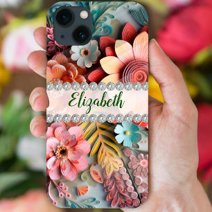 洗練された3Dフラワーアレンジメント&ダイヤモンド iPhone 13ケース