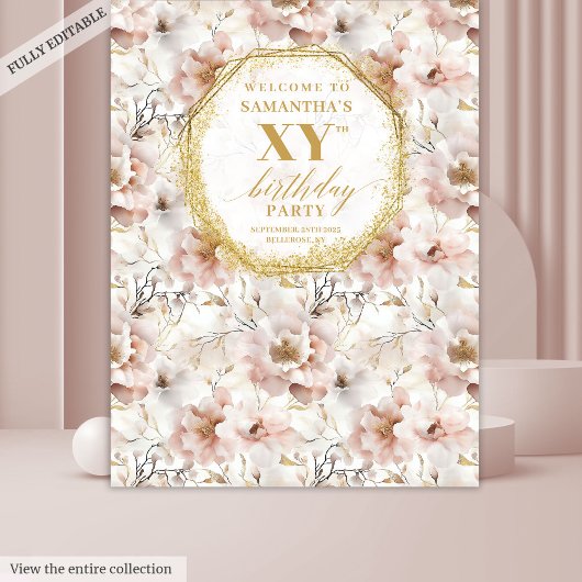 洗練された、ほのかなピンクの花をあしらった誕生日のフォトブース タペストリー