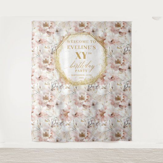 洗練された フラワーバースデイ フォトブース タペストリー (正面)