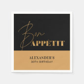 洗練された ブラックとゴールドのボナペティ スクリプト 誕生日 スタンダードカクテルナプキン (正面)