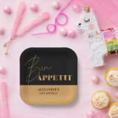 洗練された ブラックとゴールドのボナペティ スクリプト 誕生日 ペーパープレート (パーティー)