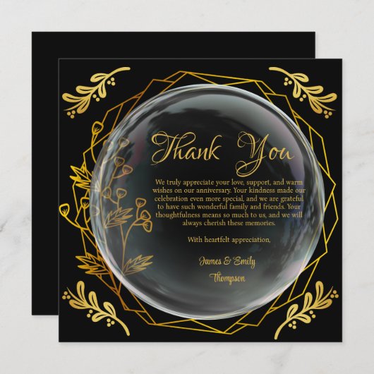 洗練された ブラック&ゴールドの フローラル ウェディング アニバーサリースタイル サンキューカード (正面/裏面)