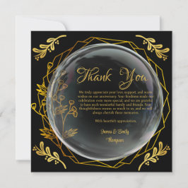 洗練された ブラック＆ゴールドの フローラル ウェディング アニバーサリースタイル サンキューカード