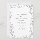 洗練された ミニマル リーフ ネイビーブルー ウェディング QRコード 招待状 (正面)