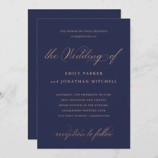 洗練された | 偽のローズゴールドの結婚式のカリグラフィー 招待状 (正面/裏面)