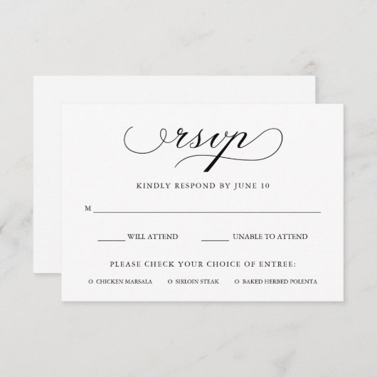 洗練された |白黒RSVPと食事の選択 出欠カード (正面/裏面)