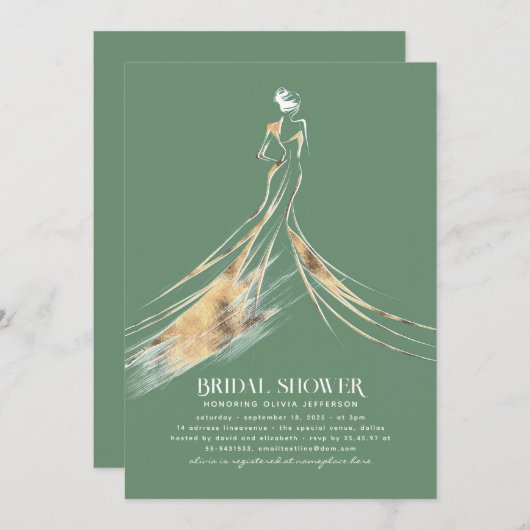洗練エレガントされたセージ緑のブライダルシャワー 招待状 (正面/裏面)
