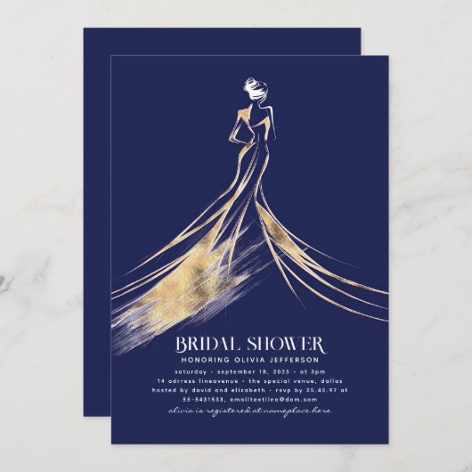 洗練エレガントされたネイビーブルーブライダルシャワー 招待状 (正面/裏面)