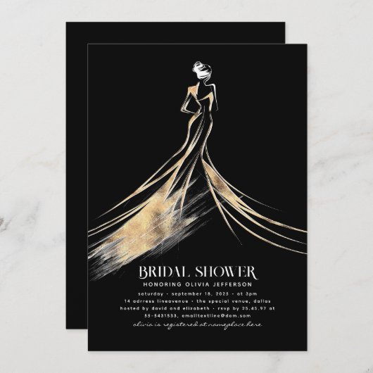洗練エレガントされたブラックと金ゴールドブライダルシャワー 招待状 (正面/裏面)