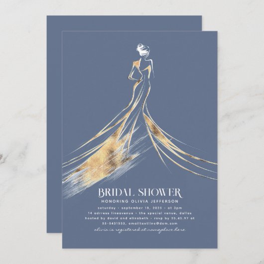 洗練エレガントされた埃っぽいブルーブライダルシャワー 招待状 (正面/裏面)
