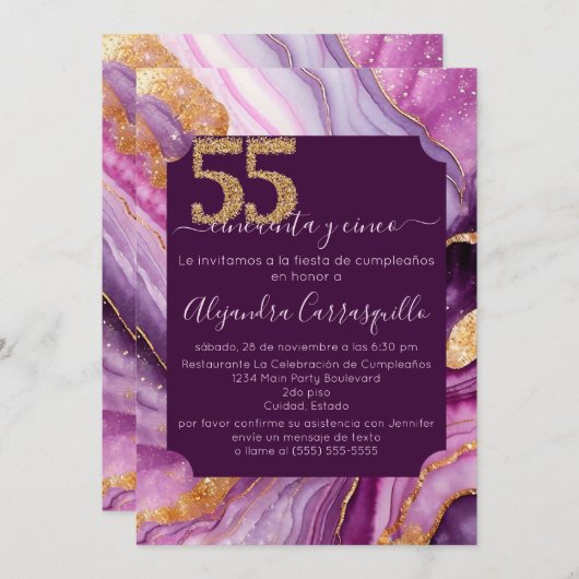 洗練スペインのされたアゲート55th誕生日パーティー 招待状 (正面/裏面)