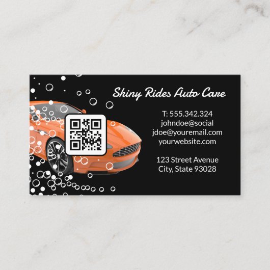 洗車とディテリング |オレンジスポーツカー | Qr 名刺 (正面)