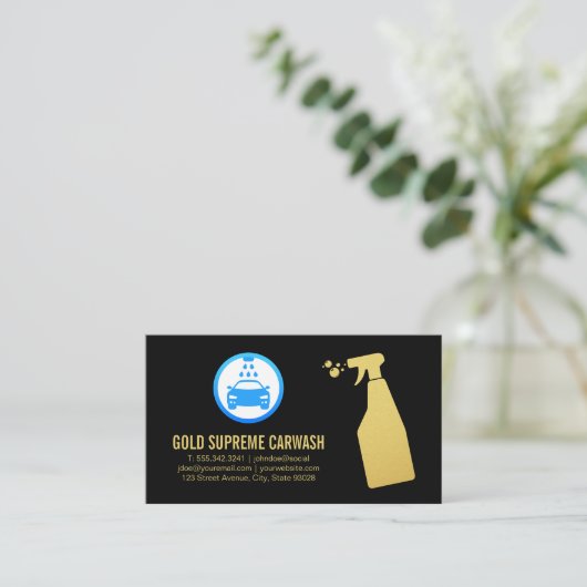 洗車ロゴ| クリーニングサービス金ゴールド名刺 名刺 (スタンド正面)
