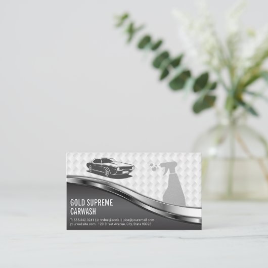 洗車洗浄サービスメタリックホワイトメッシュ 名刺 (スタンド正面)