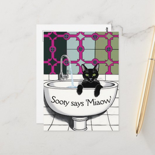 洗面台に黒猫、洗面所、洗足 ポストカード (正面/裏面インサイチュ)