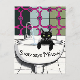 洗面台に黒猫、洗面所、洗足 ポストカード