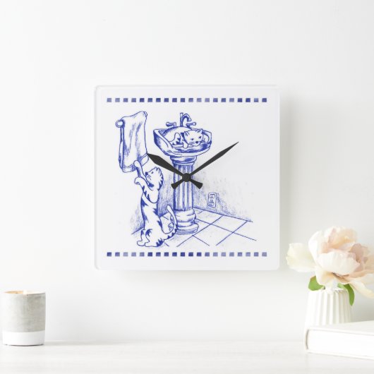 洗面器とタオルのキティ猫バスルーム スクエア壁時計 (ホーム)