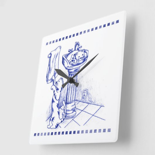 洗面器とタオルのキティ猫バスルーム スクエア壁時計 (傾斜)