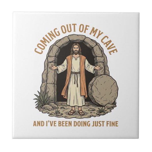 洞窟から出てくる面白いキリスト教のヴィンテージTシャツ タイル (正面)