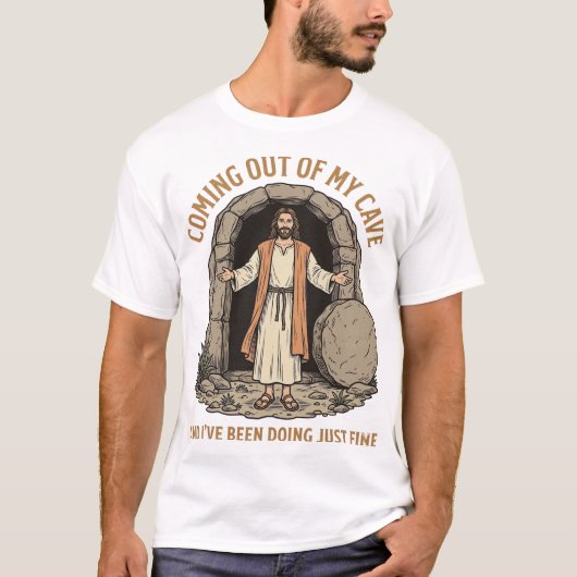 洞窟から出てくる面白いキリスト教のヴィンテージTシャツ Tシャツ (正面)