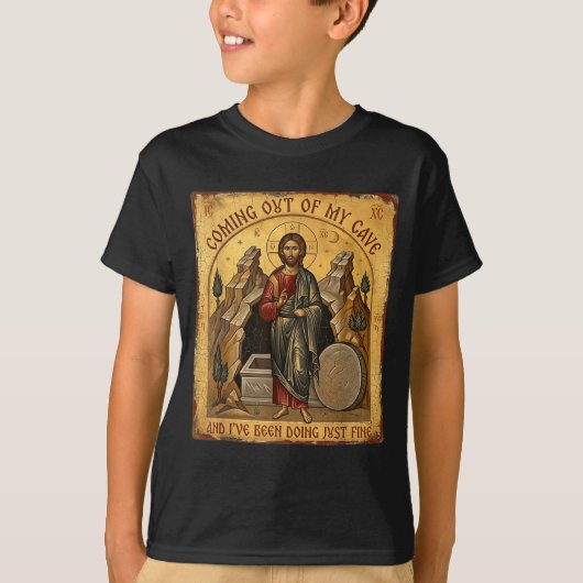 洞窟から出るTシャツ イエス キリスト教 Tシャツ (正面)