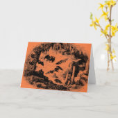 洞窟の19世紀のヴィンテージのこうもりはハロウィンのオレンジを打ちます カード (黄色い花)